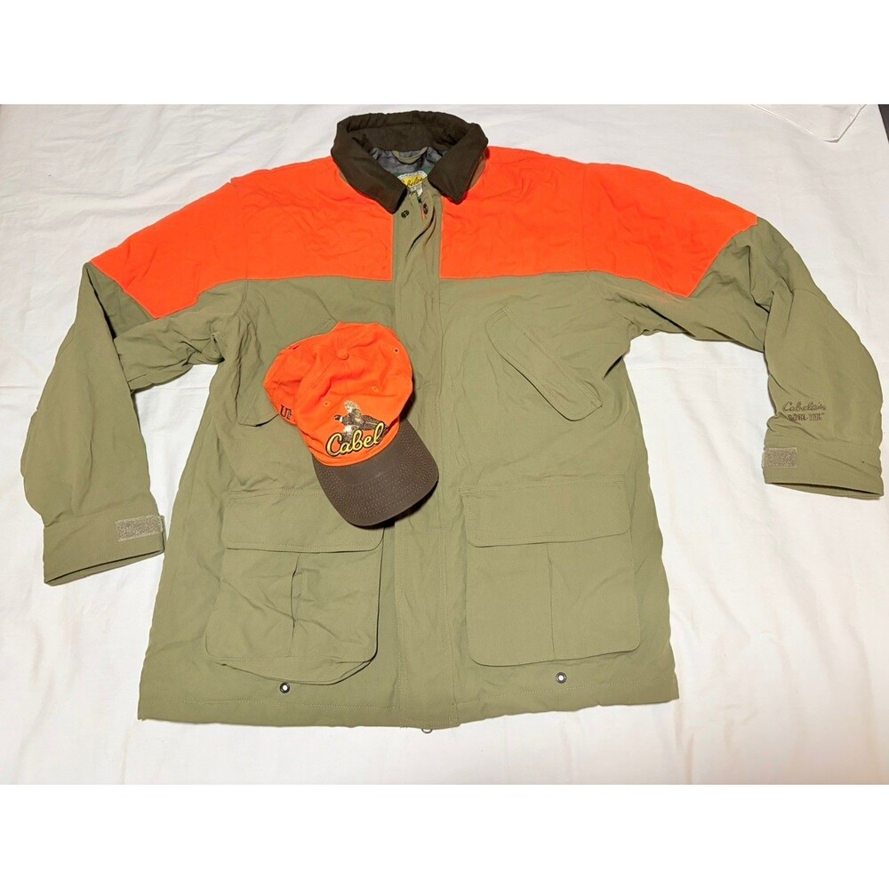 Cabelas Upland Hunting Jacket Mens Large Blaze Orange Tan Canvas Goretex w hat
